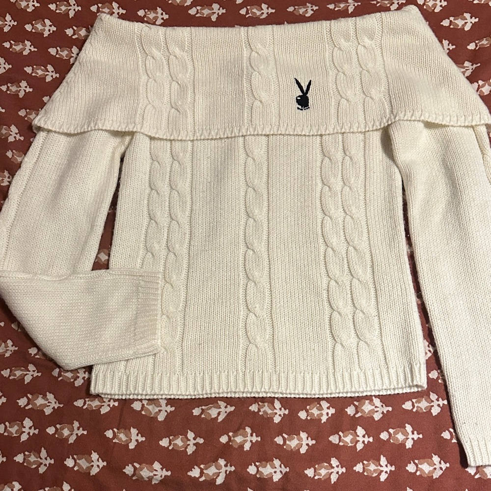 PLAYBOY Off-Shoulder Cable Knit Sweater - Cream